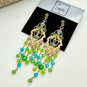 Designer Green Blue Rhinestone Earrings
